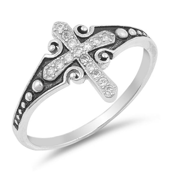 Vintage Medieval Studded Cross Ring .925 Sterling Silver Band White CZ Jewelry Female Size 6