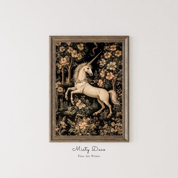 Vintage Medieval Unicorn Flower Tapestry Art Magical Aesthetic Unicorn Art, Stretched Canvas 12x16in