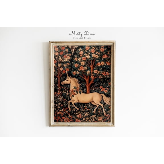 Vintage Medieval Unicorn Tapestry Art Magical Aesthetic Wall Art Dark Fairy Tale, Unframed Canvas 24x36in