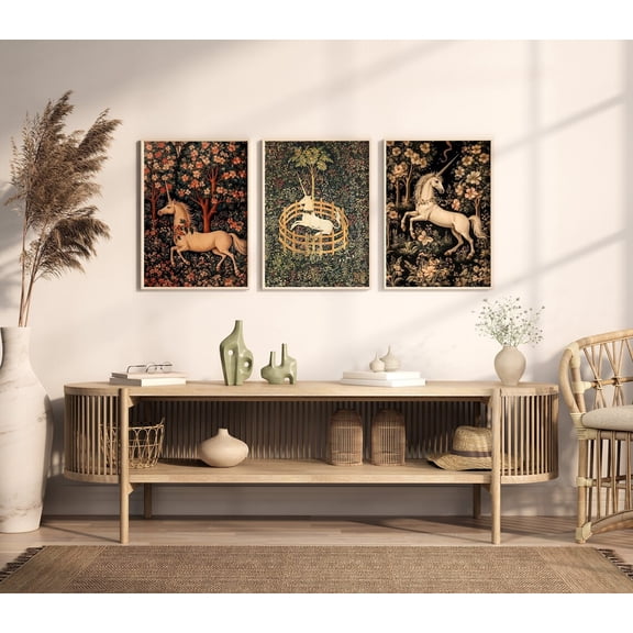 Vintage Medieval Unicorn Tapestry Collection Unicorn Captivity Magical Aesthetic Dark Academia Set 3 Stretched Canvas 12x18