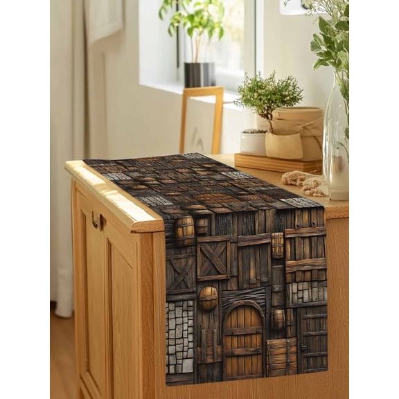 Vintage Medieval Wooden Door Table Runner 36 Inches Long,Kitchen Dining Tablerunners Farmhouse Stone Linen Table Runners Dresser Scarves for Home Dinner Wedding Holiday Party Decor