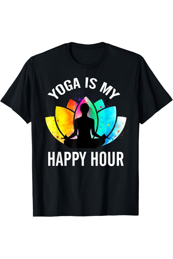 Vintage Meditation Yoga Is My Happy Hour Funny Yoga Saying T-ShirtMen's and women's gift, black and white T-shirt, size: Extra large S-4XL