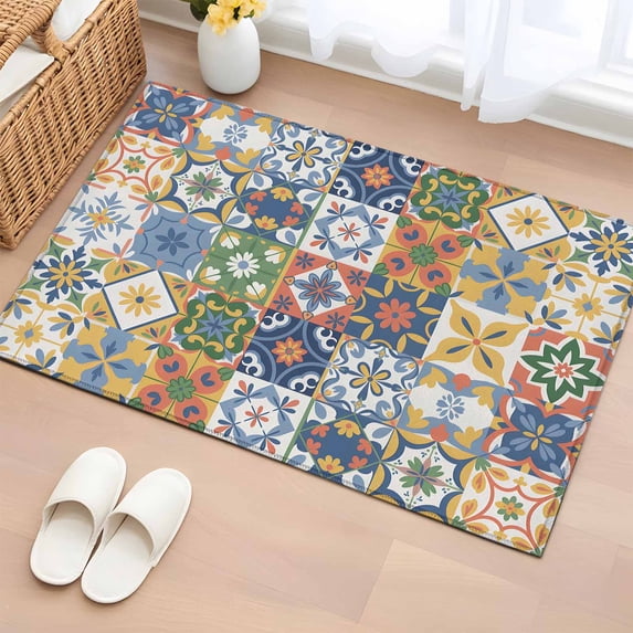 Vintage Mediterranean 2'x3' Washable Rug, Blue and Yellow Tiles Texture Non-Slip Soft Doormat Area Rugs for Entrance Bathroom Bedsides, StainResistant Carpet for Kitchen Bedroom, Entryway Floor Mat