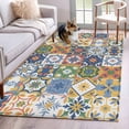 thumbnail image 1 of Vintage Mediterranean 3'x5' Washable Rug, Blue and Yellow Tiles Texture Non-Slip Area Rugs for Entryway Kitchen Classroom, StainResistant Dorm Throw Carpet, Low Pile Soft Indoor Floor Mat, 1 of 9