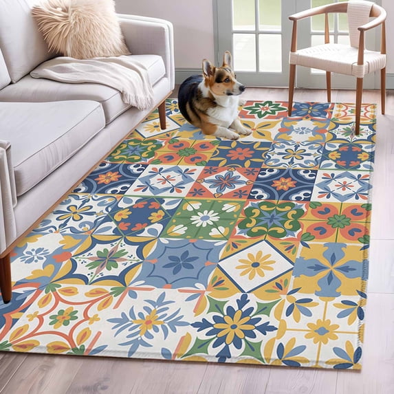 Vintage Mediterranean 3'x5' Washable Rug, Blue and Yellow Tiles Texture Non-Slip Area Rugs for Entryway Kitchen Classroom, StainResistant Dorm Throw Carpet, Low Pile Soft Indoor Floor Mat