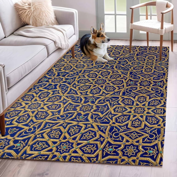 Vintage Mediterranean 3'x5' Washable Rug, Retro Morocco Abstract Art Brown Blue Non-Slip Area Rugs for Entryway Kitchen Classroom, StainResistant Dorm Throw Carpet, Low Pile Soft Indoor Floor Mat