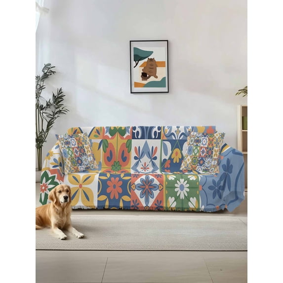 Vintage Mediterranean Couch Cover for Dogs, Blue and Yellow Tiles Texture Washable Sofa Covers Slipcover for Pets Dogs Futon Cover, Couch Recliner Covers, Oversized Chair Slipcover 71"x91"