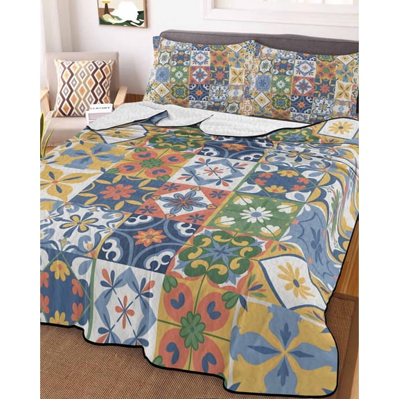 Vintage Mediterranean King Size Down Alternative Comforter, Lightweight Comforter Quilt Bedding Set with Pillow Shams Blue and Yellow Tiles Texture All Seasons Bed Comforter Duvet Insert 96"x106"