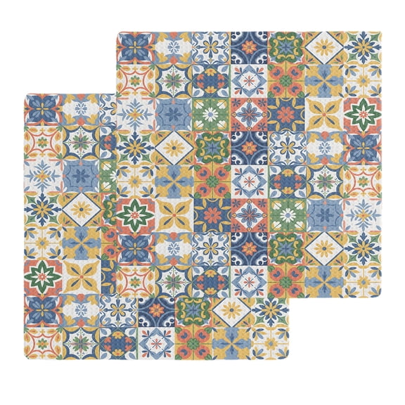 Vintage Mediterranean Kitchen Dish Towels for Drying Dishes Set of 2, Blue and Yellow Tiles Texture Waffle Weave Microfiber Hand Tea Bathroom Towels Quick Dry & Absorbent Towel 12x12
