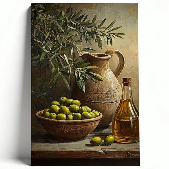 Vintage Mediterranean Olive Oil and Jug Canvas Wall Art Rustic Still Life Painting Green Olives Poster Kitchen Dining Room Decor Print Ready to Hang 8*12