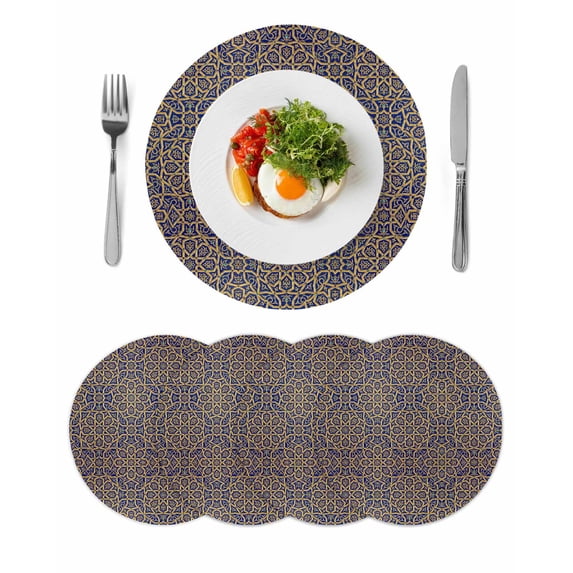 Vintage Mediterranean Round 13 Inch Placemats Set of 4, Retro Morocco Abstract Art Brown Blue HeatResistant Non Slip Place Mats for Dining Table, Wipeable Braided Kitchen Table Mats for Housewarming