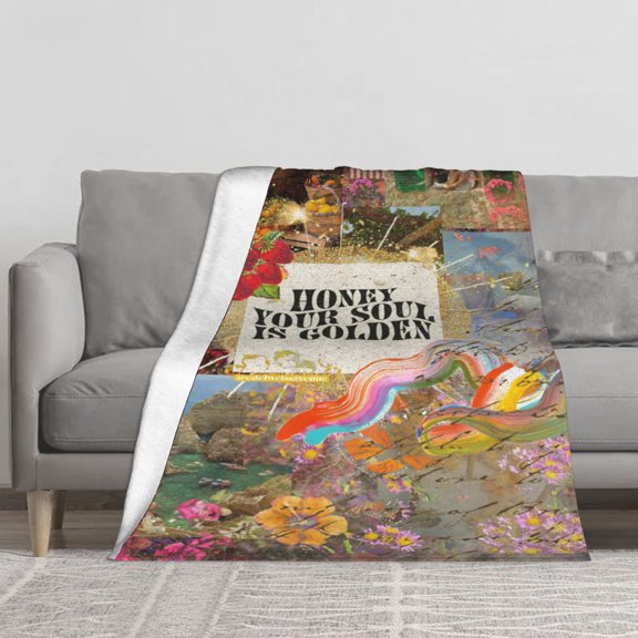 Vintage Mediterranean Summer Collage Flannel Fleece Throw Blanket, Honey Your Soul Is Golden Inspirational Quote Fruit Flower Coastal Town Rainbow Print Soft Cozy Lightweight Blanket for Sofa Couch