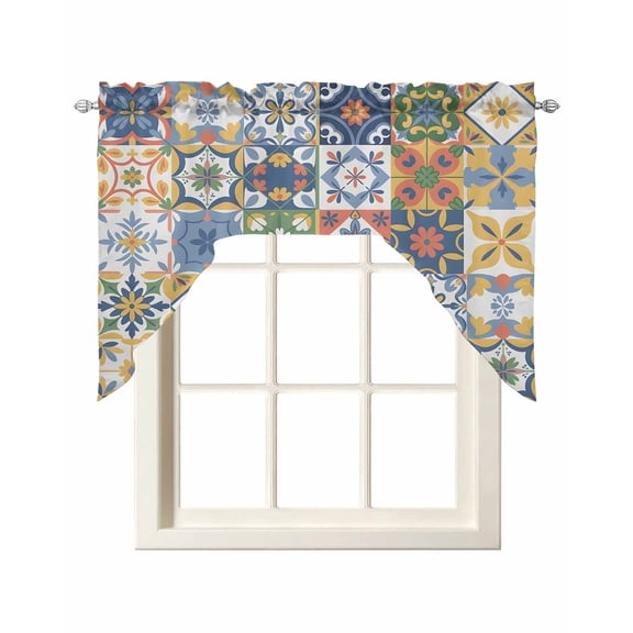 Vintage Mediterranean Swag Valances for Windows, Small Curtains Drapes, Blue and Yellow Tiles Texture Kitchen Window Curtains Over Sink Window Treatment Valance for Bedroom/Bathroom 56"x36"