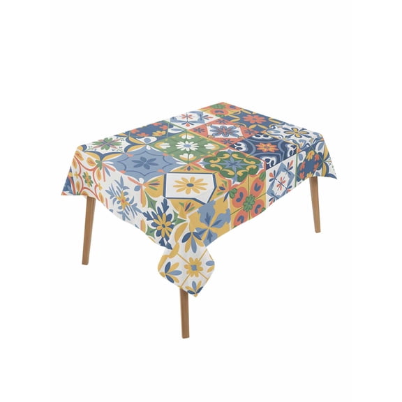 Vintage Mediterranean Table Cloth, Waterproof Tablecloth for Rectangle Tables, Blue and Yellow Tiles Texture Reusable Washable Fabric Table Cover for Restaurant Kitchen Dining Tables 60"x102"