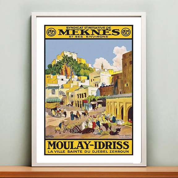 Vintage Meknes Moulay-Idriss Morocco Travel Poster, Unframed Paper Poster 16x20in