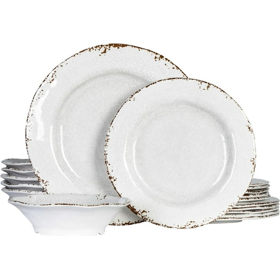 Vintage Melamine Dinnerware Sets, 18 Piece Lightweight and Unbreakable Outdoor Plates and Bowls Set, RV Dishes Set of 6, Chip Resistant Kitchen Plate Set for Indoor and Outdoor Use, White