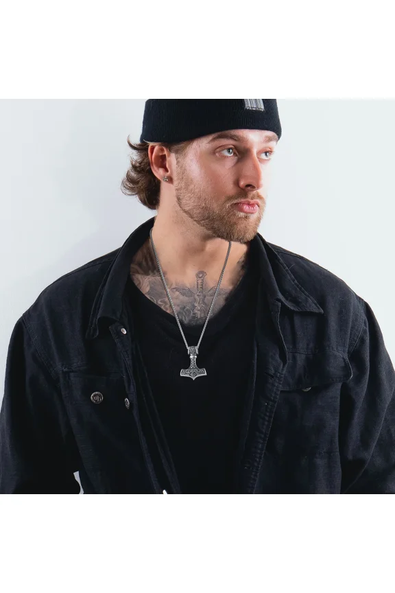 Vintage Men Norse Viking 14K White Gold Necklaces,Rock Punk Retro Thor Mjolnir Hammer Pendant,Scandinavian Nodic Amulet Rune Neck Jewelry