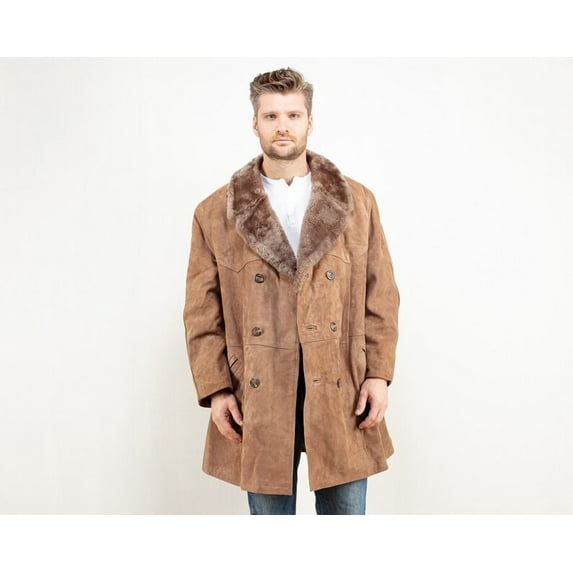 Vintage Men Sherpa Coat Men suede coat western coat winter shearling jacket vintage clothing faux shearling coat