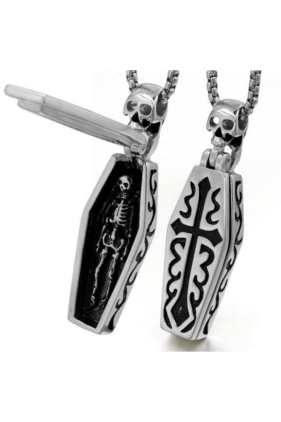 Vintage Men Stainless Steel Steampunk Coffin Vampire Skull Skeleton Pendant Necklace Gothic Punk Rock Biker Jewelry Gift