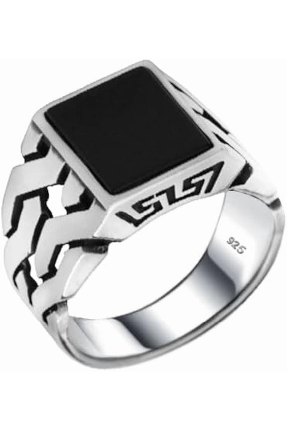 Vintage Men's Black Onyx Titanium Ring Cuban Chain Pattern Woven Ring