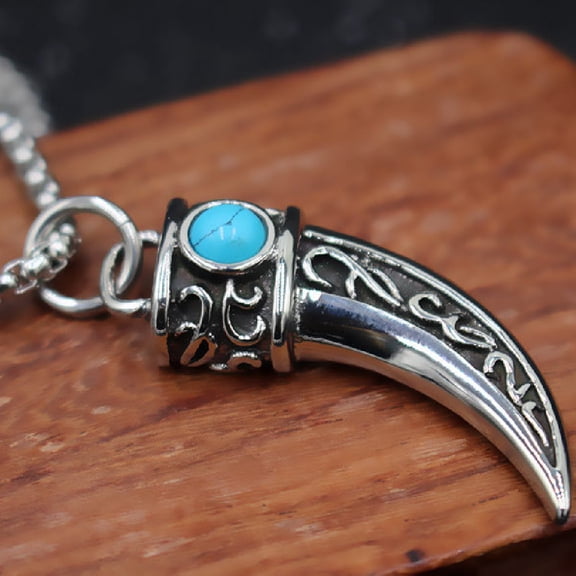 Vintage Men's Titanium Steel Wolf Tooth Blue Pine Stone Pendant