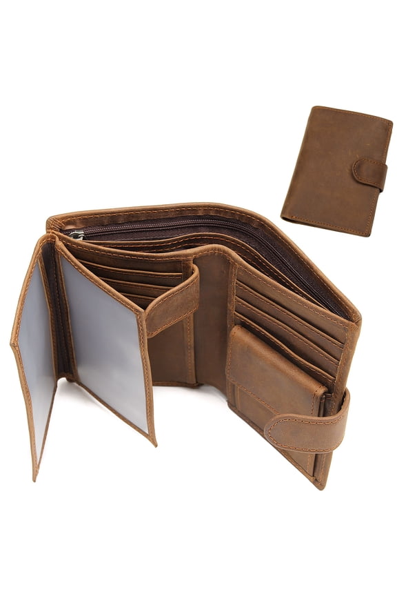 Vintage Men's Trifold Wallet Genuine Leather with RFID Blocking, Multiple Card Slots, ID Holder, Coin Pocket, Slim Minimalist, Gifts for Women, Brown