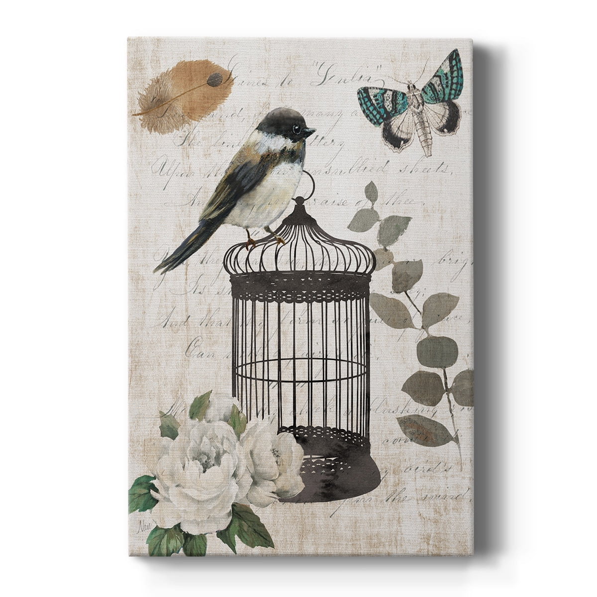 Vintage Bird and Butterfly on Beige Canvas Art