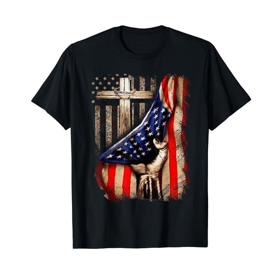 Vintage Mens Faith Over Fear Christian Cross American Flag T-Shirt