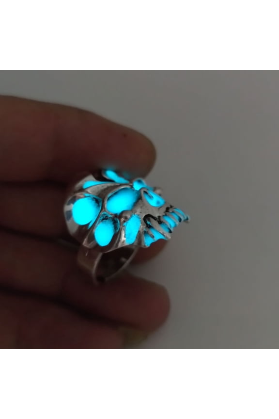 Mens Vintage Ghost Head Ring Toothy Luminous Adjustable Alloy Geometric Ring with Fluorescent Inlay Glowing Skull Ring for Men