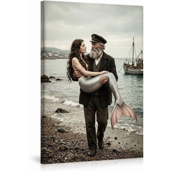 Vintage Mermaid Canvas Wall Art Old Man Carrying Mermaid Picture Nautical Ocean Beach Fantasy Print Wall Decor for Living Room Bedroom Home