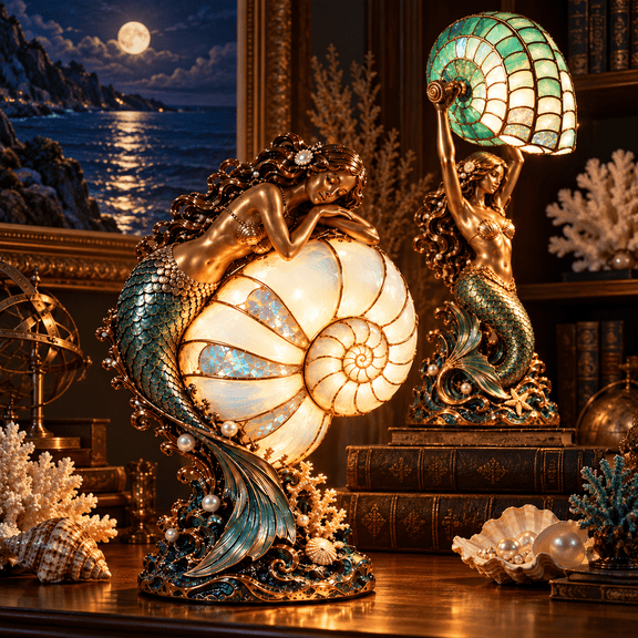 Vintage Mermaid Nautilus Stained Glass Ambient Lamp, Tiffany Style Shell Table Light with Mermaid Sculpture, Ocean Decor Night Light for Bedroom Living Room Coastal Home Gift, Mermaid Raising Shell