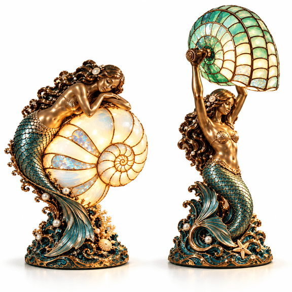 Vintage Mermaid Shell Lamp, Nautilus Stained Glass Night Light with Ocean Wave Sculpture and Warm Illumination, Unique Coastal Home Decor Gift for Mermaid Lovers Beach House, Mermaid Holding Shell