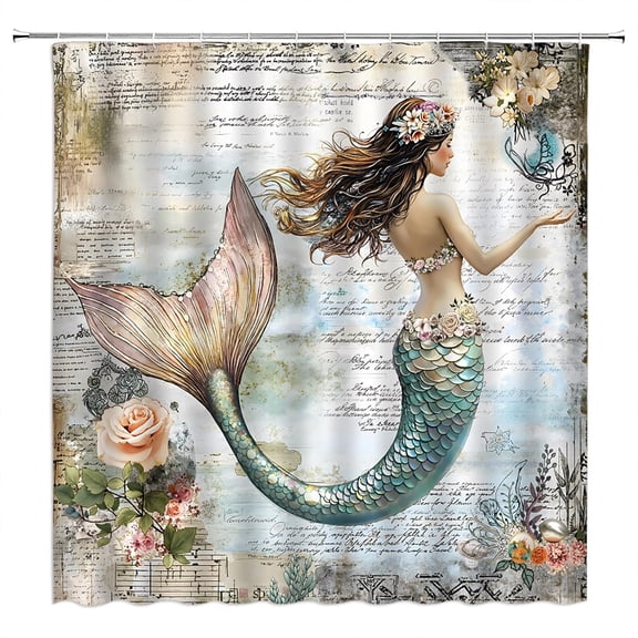 Vintage Mermaid Shower Curtain Floral Script Background Fabric Bathroom Decor 71x71 inches