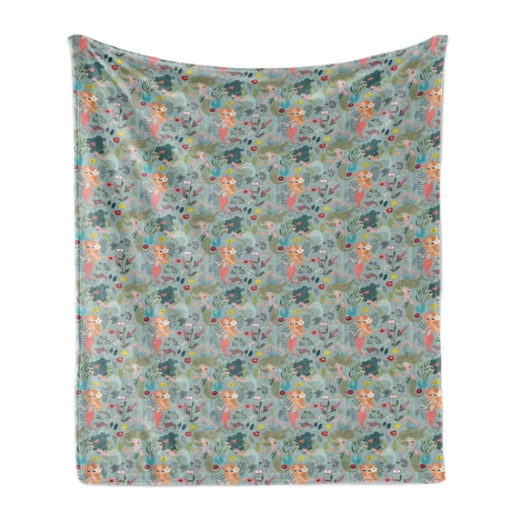 Vintage Mermaid Soft Flannel Fleece Throw Blanket, Cartoon Pattern with Fish Girls and Flowers, Cozy Plush for Indoor and Outdoor Use, 50" x 70", Multicolor, by Ambesonne