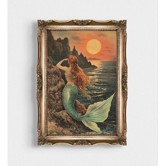 Vintage Mermaid Sunset Wall Art, Romantic Ocean Fantasy Poster, Mythical Sea Woman Illustration, Nautical Coastal Decor, Fairytale Style, 8x12 UNFRAMED