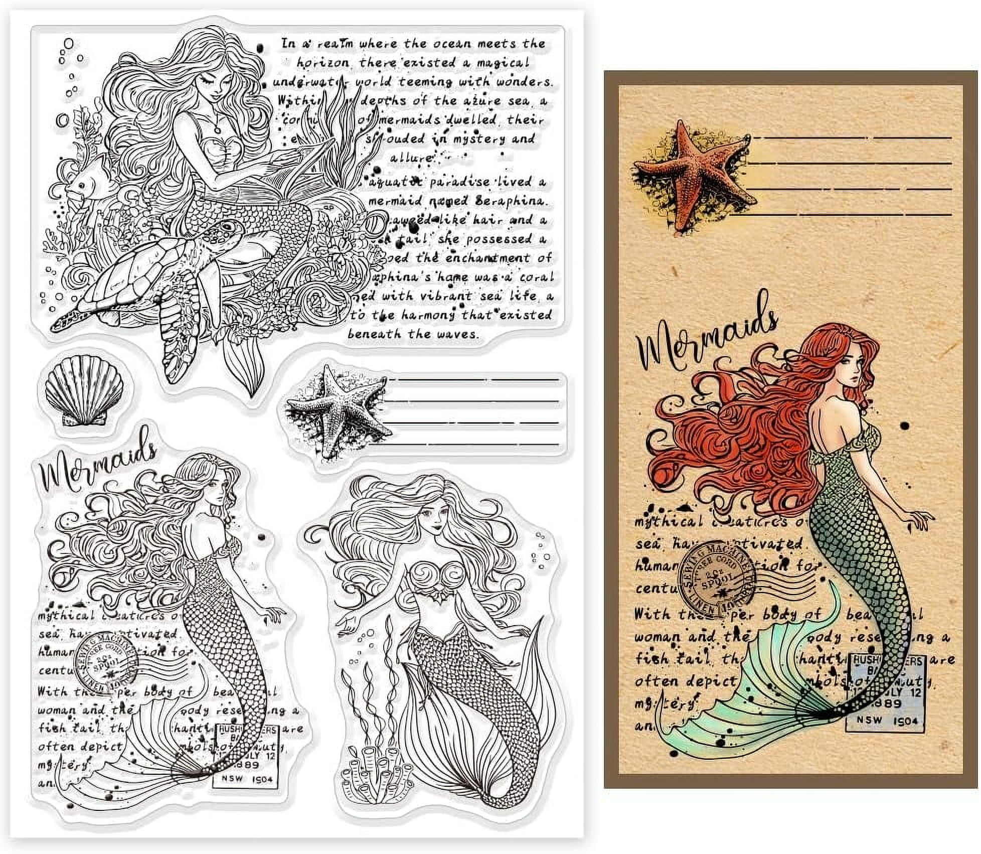 Vintage Mermaid and Text Background Clear Stamps for Cards Making Retro ...