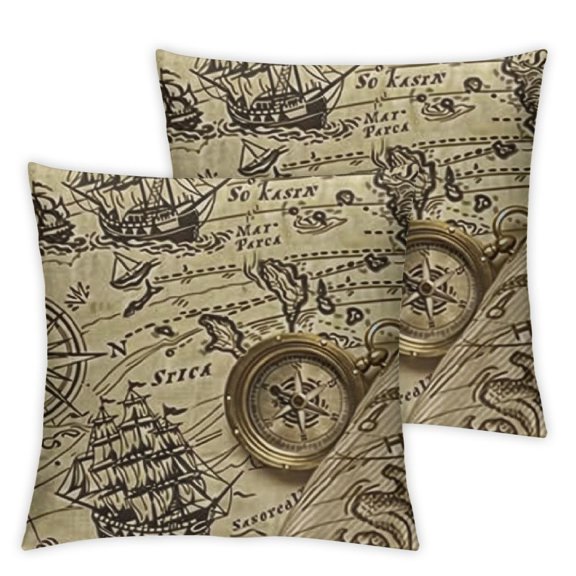 Vintage Mermaid Throw Pillow Cushion Case, Fantasy Adventure Map with Creatures Ships and Marine Elements, Decorative Square Accent Pillow Cover Pale Mustard and Brown