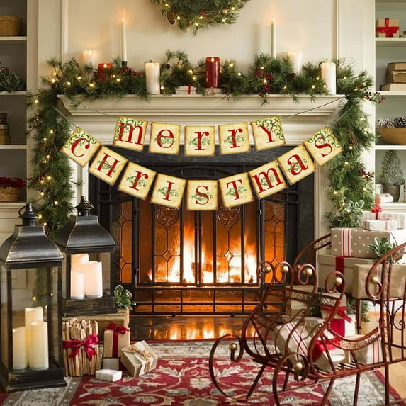 Vintage Merry Christmas Banner,Christmas Decorations,Retro Nostalgic Traditional Old Fashioned Victorian Xmas Holiday Decor for Festive Family Gatherings and Farmhouse Style