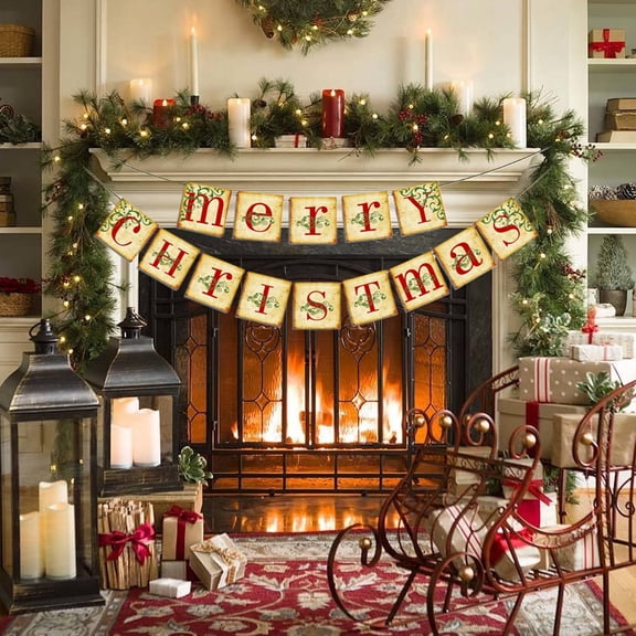 Vintage Merry Christmas Banner,Christmas Decorations,Retro Nostalgic Traditional Old Fashioned Victorian Xmas Holiday Decor for Festive Family Gatherings and Farmhouse Style
