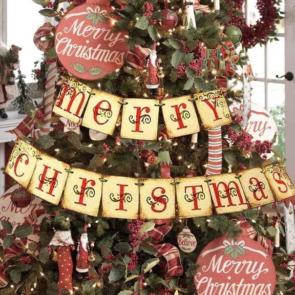 Vintage Merry Christmas Banner Retro Nostalgic Christmas Garland Decoration for Indoor Home Office Wall Window Door Fireplace Mantle Xmas Tree Decor