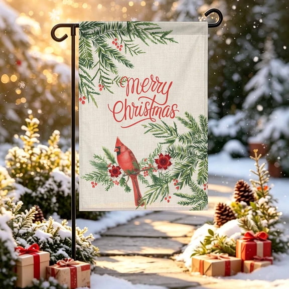 Vintage Merry Christmas Garden Flag 12x18 inch Green Pine Tree Red Bird Flower Double Sided Small Decorative Garden Flags for Outside, Outdoor Yard Porch Lawn Decoration