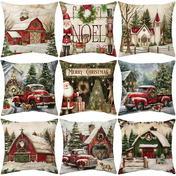 Vintage Merry Christmas Throw Pillow Covers, Decorative 18 inch Retro Santa Cushion Covers Pillow Cases for Home Bedroom Room Holiday Couch Decor Decorations