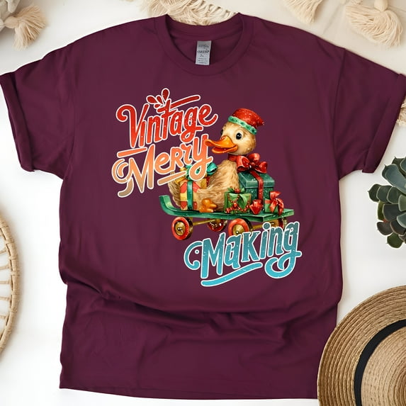 Vintage Merry Making Duck Shirt | Holiday Gift Graphic Tee, Maroon, Size 2XL