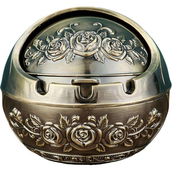 Vintage Metal Ashtray With Lid, Windproof Decorative Copper Storage Box With Rose Relief, Retro Desktop Organizer For Home Office And Gift 1Pcs