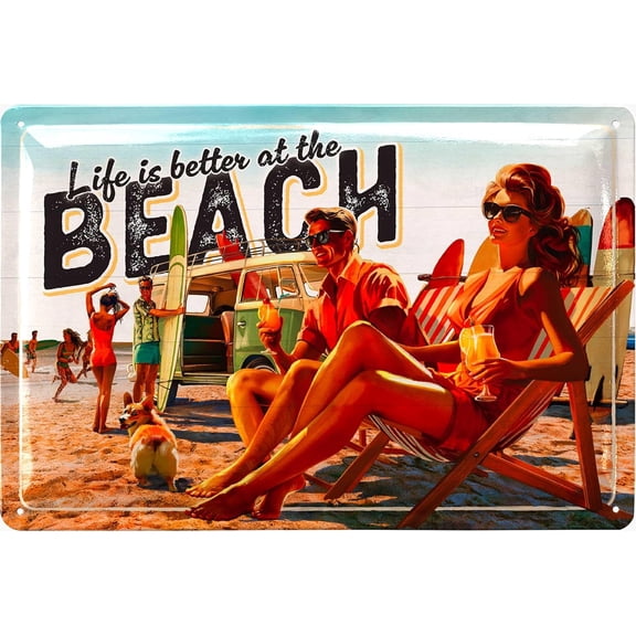 Vintage Metal Beach Sign, Life Is Better at the Beach Wall Decor, Pool or Bathroom Decoration, 8 x 12 Inch Tin Sign