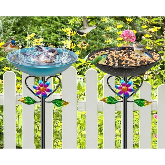 Vintage Metal Bird Bath for Outside, Standing Bird Feeder with Sunflower Love Decoration, Detachable Bowl for Outdoor Yard Lawn Garden Decor (Brown)