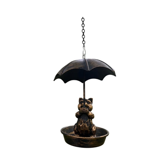 Vintage Metal Bird Feeder with Umbrella Hanging Outdoor Bird Bath for Garden Yard Patio Lawn Decor Rustic Bronze Finish Wild Bird Feeding Station Cat Shape