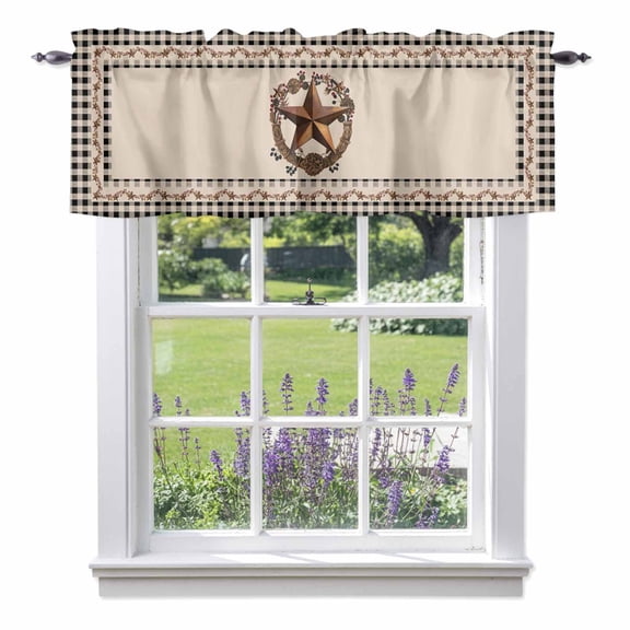 Vintage Metal Brown Star Berry Wreath Valances for Windows,Kitchen Valance Rod Pocket Short Curtain, Farm Retro Buffalo Plaid Valance Curtain Window Valances for Bedroom Bathroom Living Room 42x12in