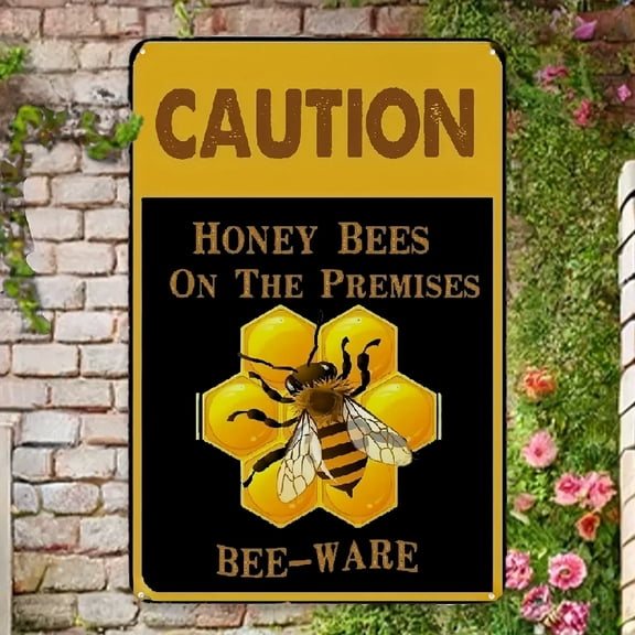 Vintage Metal Caution Beware Honey Bees on the Premises Sign - Rustic Wall Decor for Home, Farmhouse, Garden, or Yellow & Black Honeycomb Design with Bold White Text, Wall Mountable Decor  Vintage