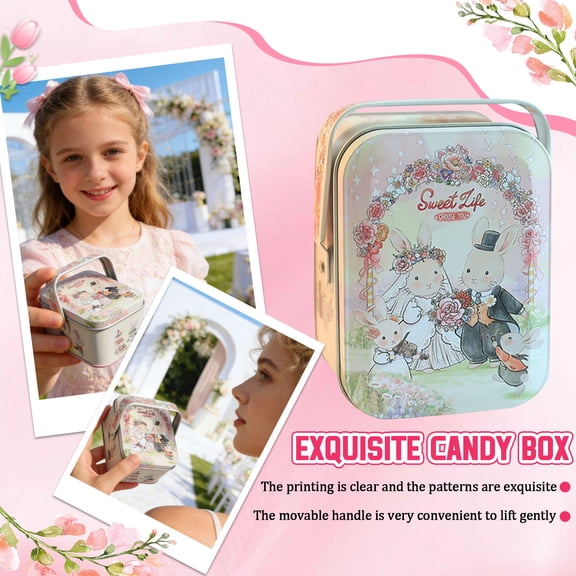 Vintage Metal Cookie Tin with Lid, Empty Cookie Packing Box & Candy Container Jar with Handle, Decorative Metal Tin Box for Wedding, Easter, Christmas & Treats, Storage for Cookies, Snacks & Gifts